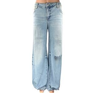 Ser.O.Ya Womens Blue High Waisted Distressed Wide Leg Baggy Denim Jeans Pants 27
